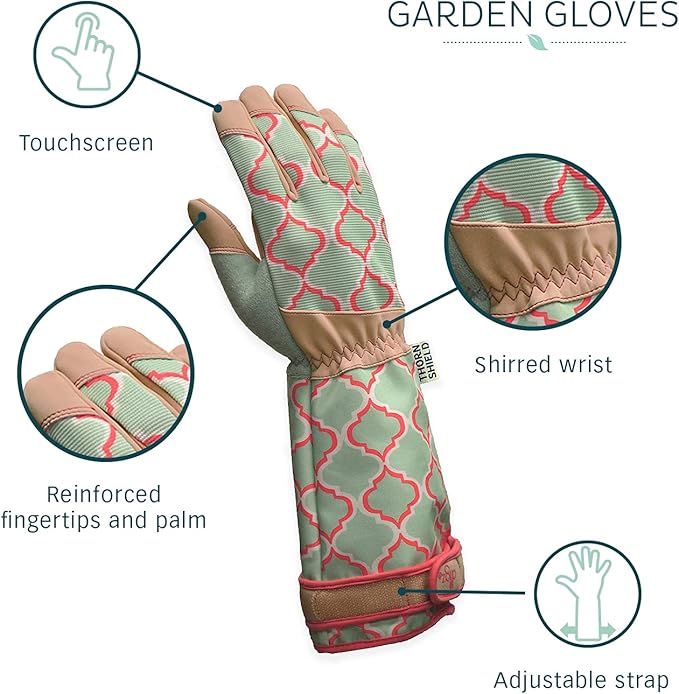 Digz Rose Pruning Vegan Leather Garden Gloves, Long Forearm Protective Cuff with Touchscreen Compatible Finger Tips, Red Geometric Pattern, Medium