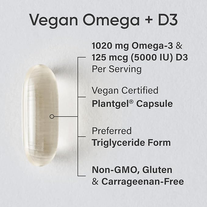 Sports Research Vegan Omega-3 with Vitamin D3 Softgels - 1020mg Omega-3 & 5000iu D3 Supplement - Fish Oil Alternative with Vitamin D Plant-Based Support from Algae Oil - 60 Veggie Softgels for Adults