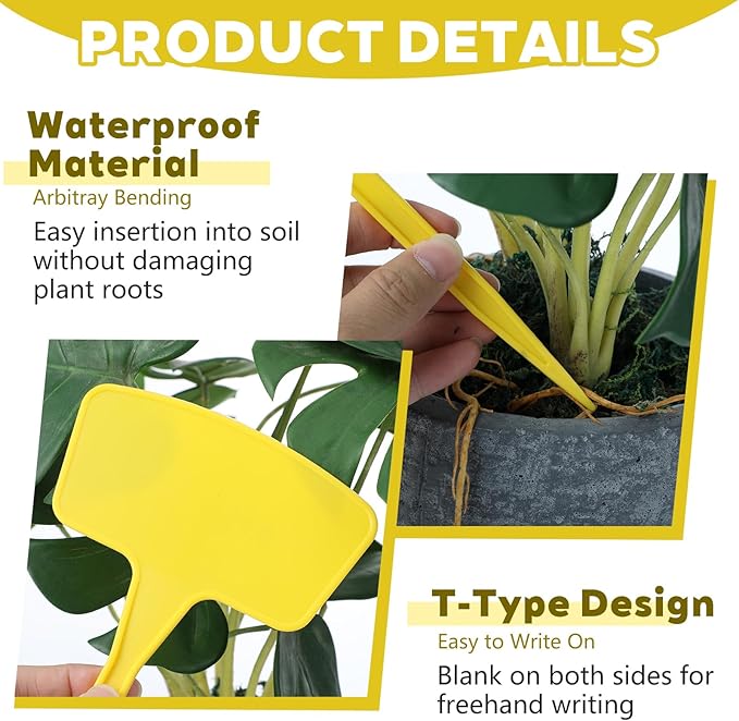 100 Pcs Plant Labels, Garden Markers Signs with Pen, 10.62" Large Plastic Plant Tags Waterproof T-Type Tags, Durable Nursery Garden Markers for Outdoor Indoor Potted Plants Flowers Seeds (Yellow)