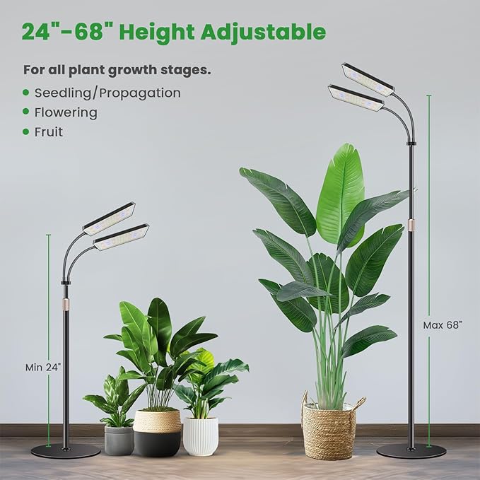 Wiaxulay Grow Light with Stand, Full Spectrum Floor Plant Lights for Indoor Growing, Height Adjustable 24-68, Ideal for Growing Large Plants, 4/8/12/16H Timer,3 Lighting Modes,306 LED (2 Heads)