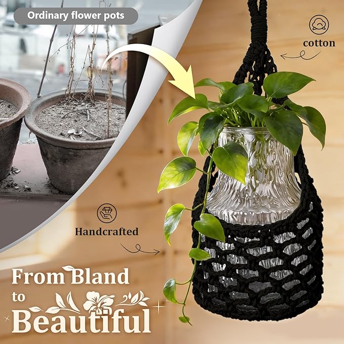 Macrame Wall Plant Hanger, Hanging Planter Basket Holder, Wall Planters for Indoor Plants, for Up to 6 Inch Pot (Black, 6-Inch)