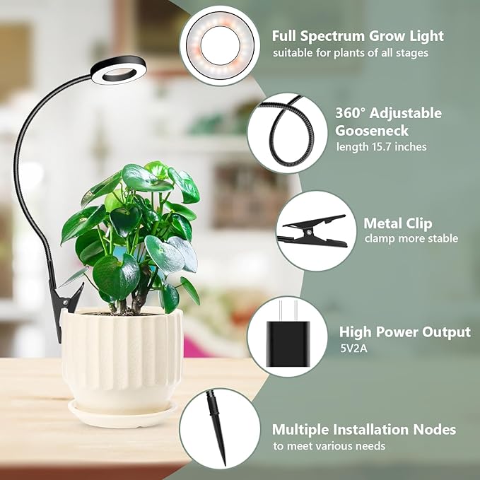Plant Lights for Indoor Growing, 144 LED Full Spectrum Grow Light with Clip 3 Pack, Black Halo Indoor Plant Light 2 Installation Options with 6/12/16H Timer, 5 Dimmable, 3 Modes