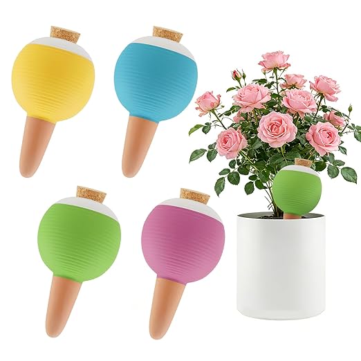 Plant Watering Globes Set of 4, Large Terracotta Automatic Watering Stake Devices with Wooden Stopper for Pots, Planters, Indoor, Outdoor