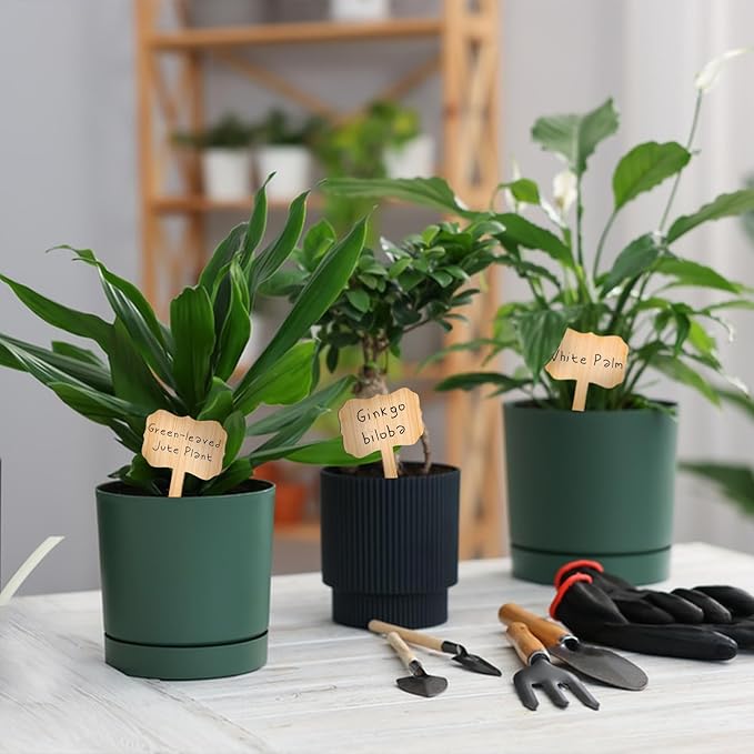 60pcs Bamboo Plant Labels with Marker Pen, Scalloped T-Type Plant Tags for Garden, Seedlings, Herbs, Vegetables, Outdoor Plant Markers (3.9" x 2.36")