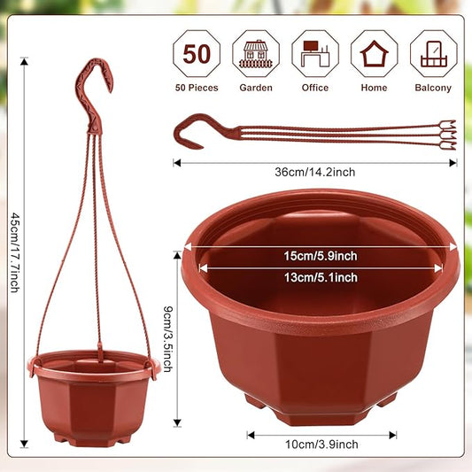 Roshtia 50 Pcs 5.9 inch Plastic Hanging Plant Pots with Hooks Flower Pots Baskets Outdoor Hanging Nursery Planter Holder for Home Garden Balcony Porch(Brown, 5.9 inch)