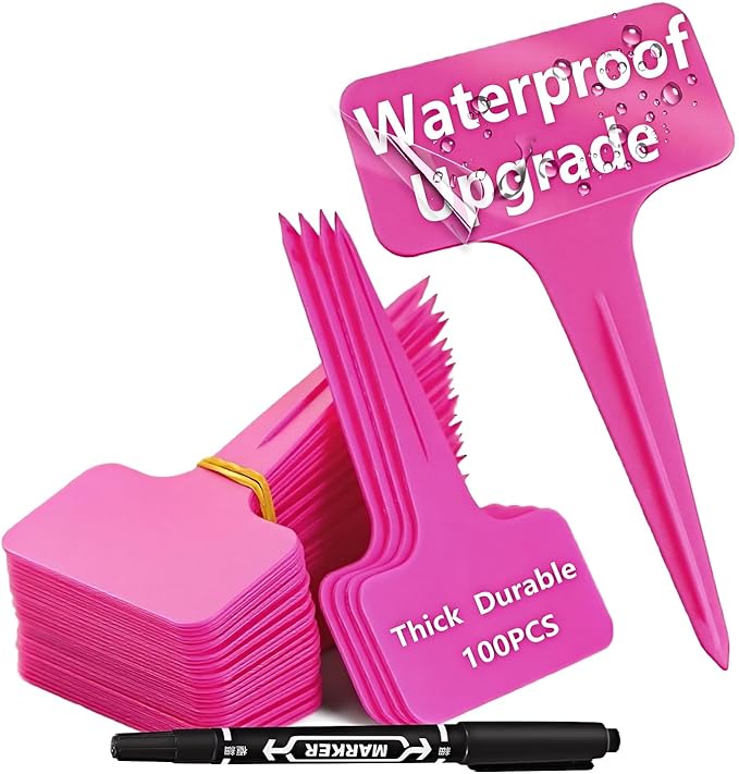 DaTpuik 100 Pcs Waterproof Pink Durable Plastic Plant Outdoor Garden Labels Nursery Markers T-Type Thick Tags Re-Usable for Vegetables Seedlings