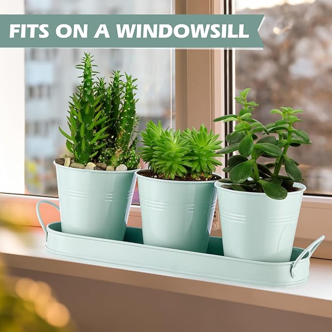Wenqik 2 Sets Herb Garden Planter Pot Set with Tray Metal Windowsill Plant Pot with Drainage Farmhouse Decorative Live Herb Garden Kit for Home Kitchen Indoor Outdoor Apartment Balcony Window(Green)