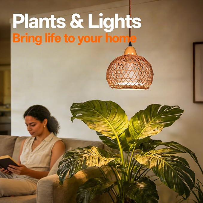 Bstrip Hanging Grow Lights for Indoor Plants, 18W Full Spectrum Plant Light with 4H/9H/14H Timer 15.9 FT Power Cord & Boho Rattan Shade, 3800K Hanging Lights for Indoor Plant, Tall Plant, Flowers