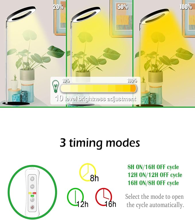 Yadoker 144 LEDs Full Spectrum Plant Grow Light for Indoor Plants，Height Adjustable, 6.3" Aluminum Housing,Automatic Timer with 8/12/16 Hours,10-Level Brightness,Black Plant Light,2 Pack