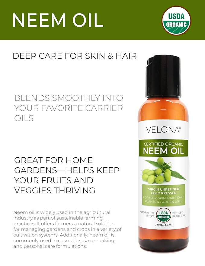 velona Neem Oil USDA Certified Organic - 2 Fl Oz | 100% Pure and Natural Carrier Oil | Virgin, Unrefined, Cold Pressed | Hair, Body and Skin Care | Use Today - Enjoy Results