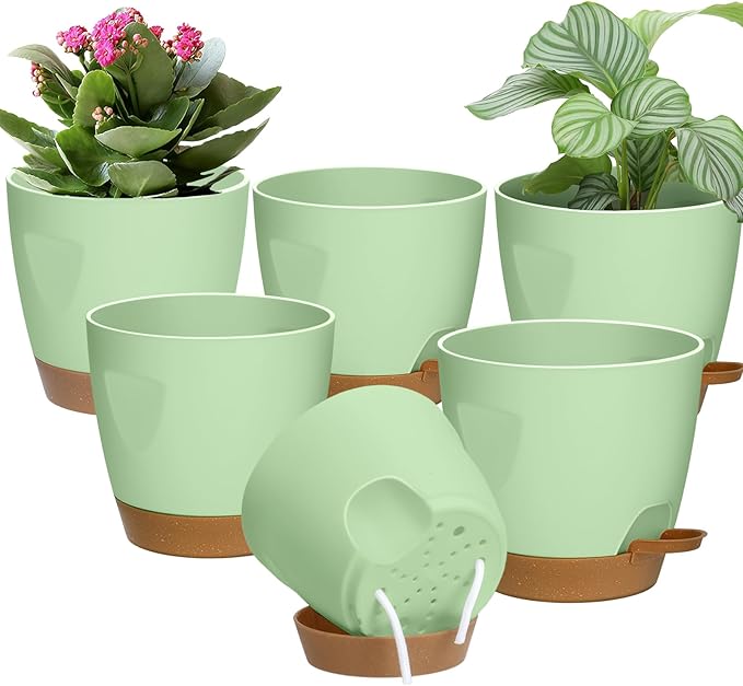 5-Pack Plant Pots with Drainage 7/6.5/6/5.5/5 Inch Self Watering Pots for Indoor Outdoor Plants, Plastic Flower Pots with Drainage Holes and Removable Saucers, Plant Pots with Wicking Rope (Green)