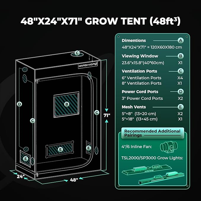 MARS HYDRO 4x2x6 Grow Tent Pro,48"x24"x71" 2000D Thickened Polyester Canvas & High Reflective Mylar, Larger Observation Window, Controller & Socket Hanger,for TSL2000/SP3000 Indoor Plant Growing