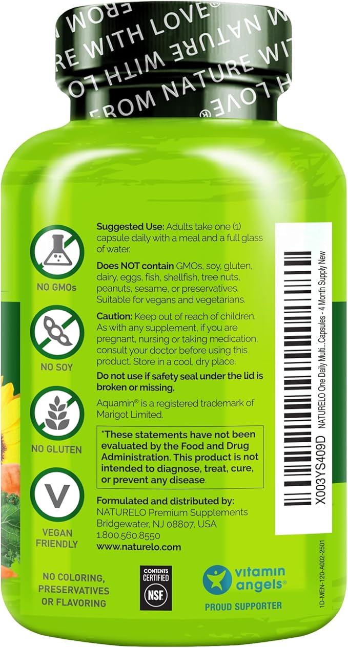 NATURELO Mens Multivitamins - One Daily Multivitamin for Men with Vitamins, Minerals & Organic Whole Foods, Boost Energy & Health, Non-GMO, 120 Vegetarian Capsules