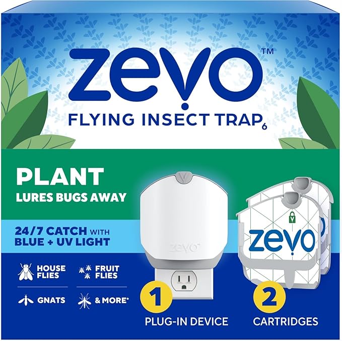 Zevo Plant Flying Insect Trap: Easy, Mess-Free Solution, Use Near House Plants - Kills Fungus Gnats, House Flies, & Fruit Flies (1 Device & 2 Refill Cartridges)