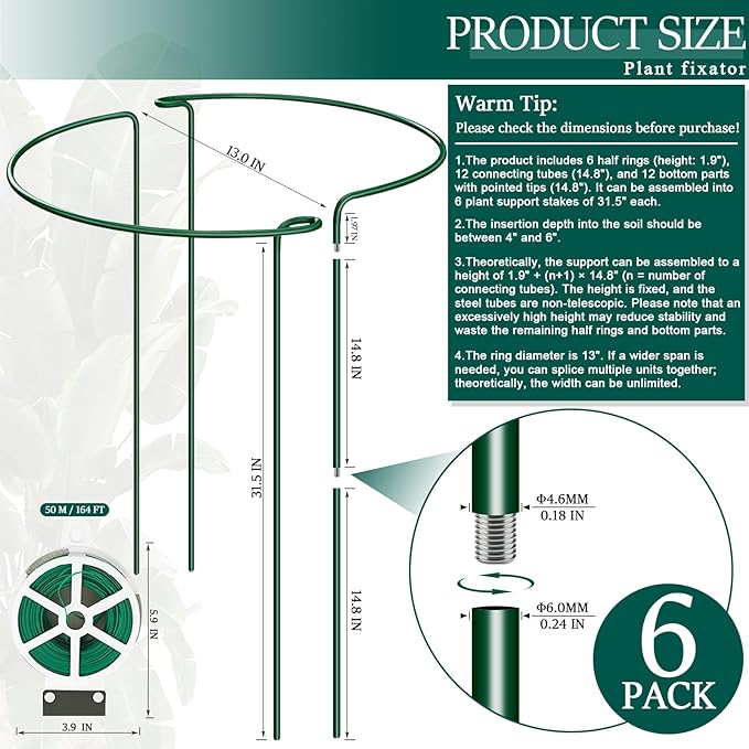 6-Pack 31.5” Plant Support Stakes, Steel Plant Cage & Peony Tomato Hydrangea Cage, Garden Stakes for Outdoor Plants, Heavy-Duty Plant Stakes, 16.7” Support + 14.8” Extension Tubes
