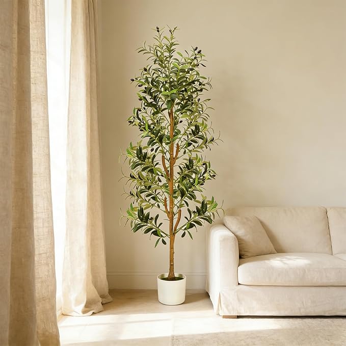 TNELTUEB Faux Olive Tree 6FT - Indoor Tall Artificial Olive Trees with Planter & Basket and Lights, Artificial Plants with Natural Wood Trunk and Realistic Fruits for Home Living Room Office Decor