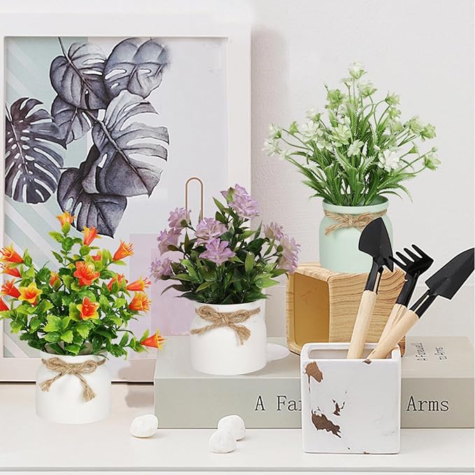 Yoratee 6pcs Artificial Pot Flowers Small Fake Plants Mini Potted Plants for Home Office Tabletop Decoration
