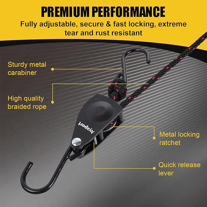 Ayaport Adjustable Rope Hanger Grow Light Hanger, 12Ft 1/4" Heavy Duty Plant Pulley Rope Tightener Ratchet Tie Down with S Hook for Kayak, Tarp, Tent Tie Downs, Hanging Plants, 4 Pack