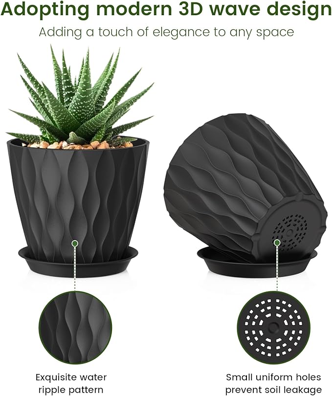 Meowell 5 inch Plant Pots for Indoor Outdoor Plants, 6 Pack Thick Nursery Pots with Drainage Holes and Saucers, 3D Modern Wave Texture Small Plastic Planter Flower Pots for Succulent, Herb, Black