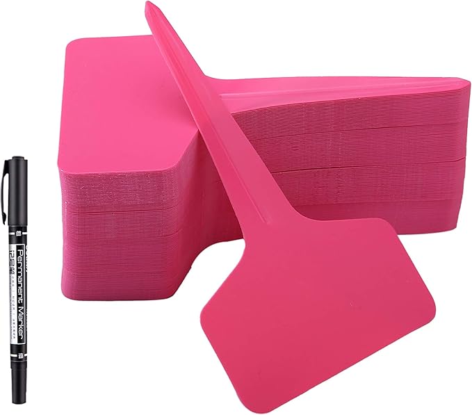 100 Pcs T-Type Plant Labels with a Gel Pen, Waterproof Nursery Plant Tags Plastic Garden Markers, Pink, 6 x 10cm
