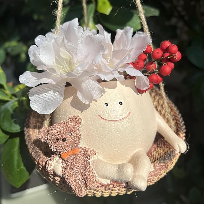 TEARS OF GAIA Hanging Planters for Indoor Plants, Smiley Face Planter Pot Cute Resin Flower Head Planters with Drainage, for Mom, Funny Succulent Plant Lover Gift for Plant Lovers (Teddy Bear)
