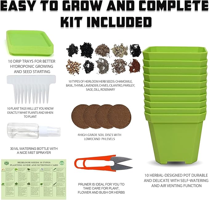 Meekear 10 Herb Seeds Garden Starter Grow Kit with Green Pots, Markers, Soil Discs, Watering, Herb Clipper, Complete Indoor Potted Plant Growing Set for Kitchen DIY
