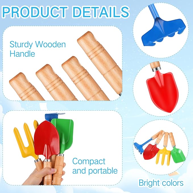 8" Kids Gardening Tools, Metal Beach Sandbox Digging Toys with Wooden Handle, Including Shovel, Rake, Fork and Trowel, Garden Sand Snow Tools for Children Gift Outdoor Gardening(24 Pcs)
