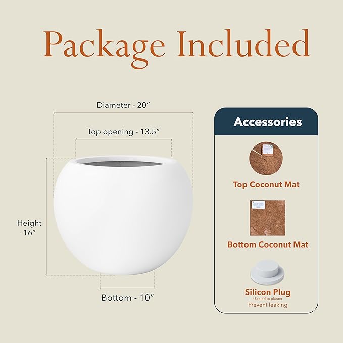 KUTE NEST 16" H x 20" D Premium Globo Fiberstone Round Planter with Drainage Hole, Smooth Finishes, Weather Resistant for Indoor and Outdoor Use, Included 2 Extra Coco Mats (White, 13.5" Pot Opening)