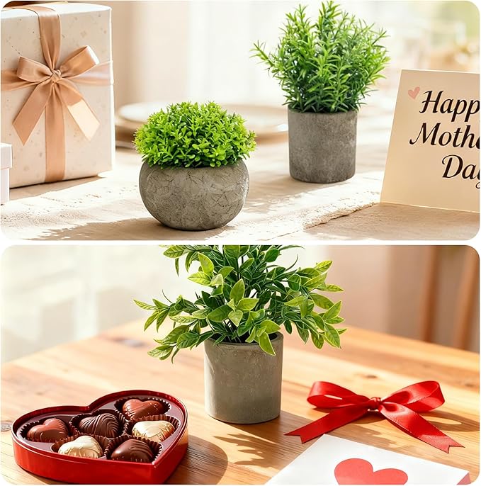 AUUGUU Artificial Potted Plants Faux Greenery in Cement Pots for Shelf, Bookshelf, Office or Home Decor, Small Decorative Fake Plants for Modern Indoor Display
