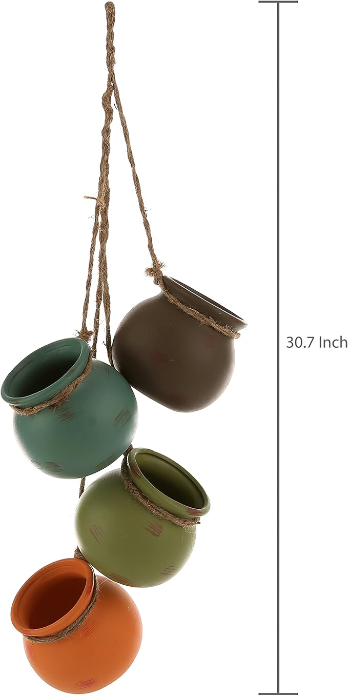 MyGift Dangling Southwest Desert Color Ceramic 4 Pot Set, Wall or Ceiling Mount Hanging Mini Flower Planters