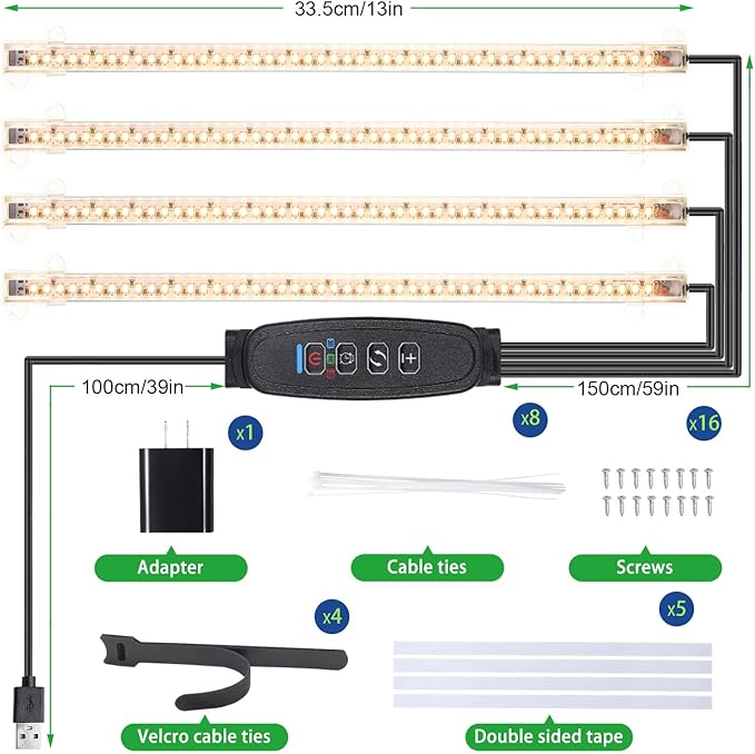 RWNTAO LED Plant Growing lamp Strips, Full Spectrum 3500K Grow Light for Indoor Plants with 3/9/12H Timer and 10 Dimmable Levels for Green House Hydroponics Succulent，4 Head 13 Inches