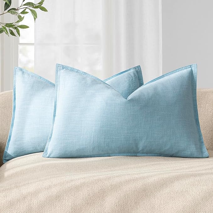 Foindtower Pack of 2, Decorative Linen Soild Throw Pillow Covers Accent Lumbar Cushion Case Boho Farmhouse Pillowcase for Chair Couch Sofa Bedroom Living Room Home Decor 12 x 20 Inch Light Blue