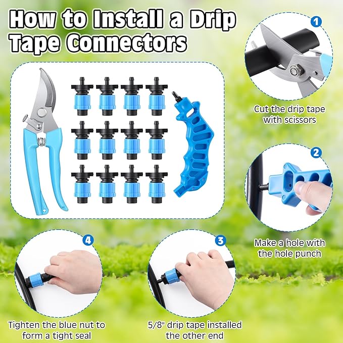 Feekoon Drip Irrigation Tool Kit, 50 Pcs Drip Tape Connectors, Drip Irrigation Tubing Hole Punch, Drip Tape Cutter,1/4 Barb Coupling Locking Fittings for 5/8 Drip Tape, Drip Tape Fittings