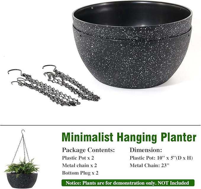 WSMKSZ 10 inch Hanging Planters for Outdoor Indoor Plants with Drainage Holes and Chain, 2 Pack Round Hanging Flower Pots for Garden Home Porch Decor, Speckled Black