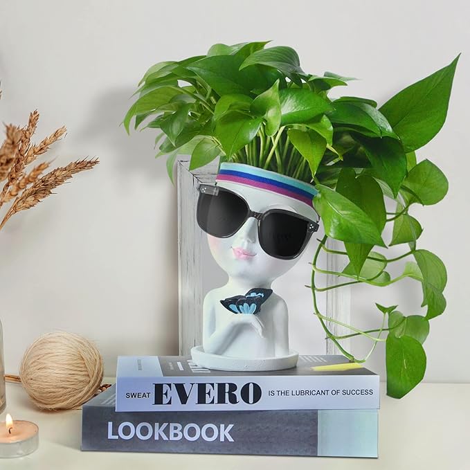 WEWEOW Face Planter/Flower Pot for Indoor Outdoor Plants Resin Succulent Planter with Drainage Hole Cute Lady Face Plant Pots