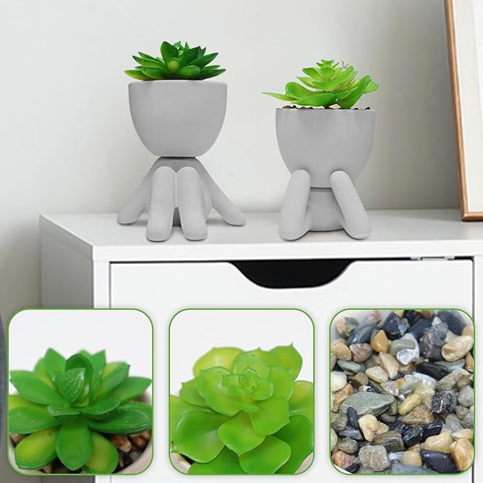 Zerzsy 2PCS Cute Artificial Succulent Plants with Creative Human Shaped Pots, Desk Decoration for Home and Office Decor (Cement Gray)