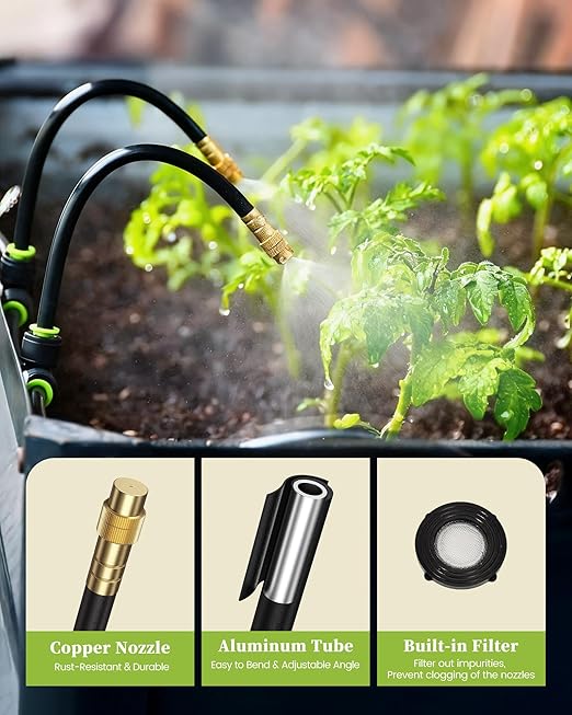RAINPOINT Drip Irrigation System, No Pipe, only 6pcs Adjustable Copper Nobbles for Greenhouse, Lawn, Raised Beds, Outdoor Plants, 360°Adjustable and Quick Connectors