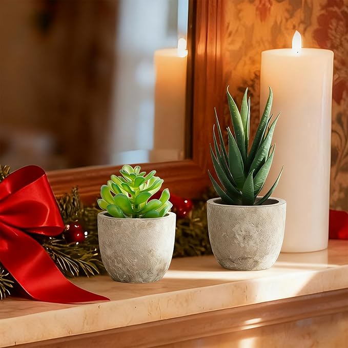 AUUGUU Artificial Potted Plants Faux Greenery in Cement Pots for Shelf, Bookshelf, Office or Home Decor, Small Decorative Fake Plants for Modern Indoor Display (9, XXXL)