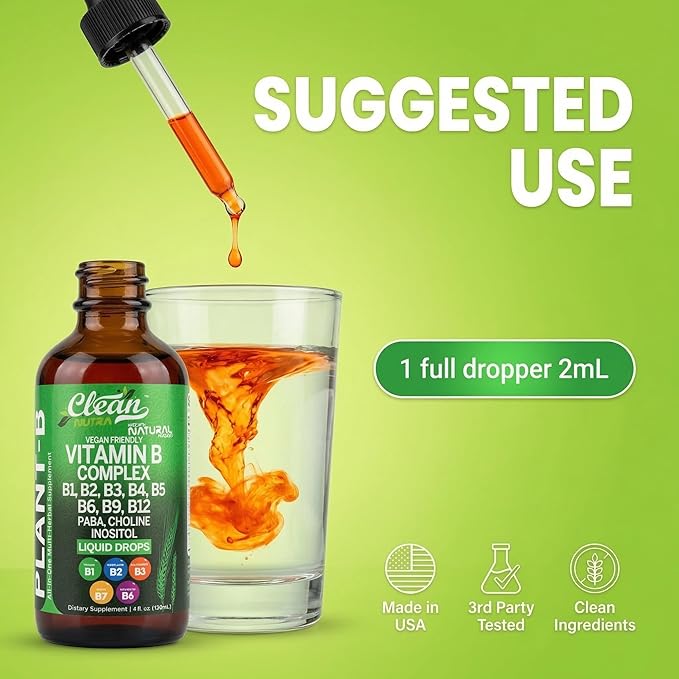 Vitamin B Complex Liquid Drops | Thiamine B1, B6, B2, B3, B4, B5, B7 B9, B12, Niacinamide, Paba, Choline Inositol Taurine Probiotics Beet Root Spirulina - Plant-B Vitamin Supplements by Clean Nutra