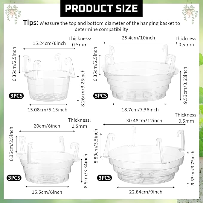 Baderke 12 Pcs Hanging Plant Water Catcher Tray Includes 4 Pcs Clear Plastic Plant Saucer Drip Pans for Indoor Outdoor Hanging Basket Flower Pot (6 8 10 12 Inch)