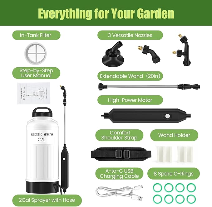 Battery Electric Sprayer, 2 Gallon USB Rechargeable Portable Lawn Garden Sprayer with 3.7V Battery, Adjustable Strap, Leak-Proof Wand, 3 Nozzles, 3-Hour Runtime for Plant Care,Lawn Maintenance
