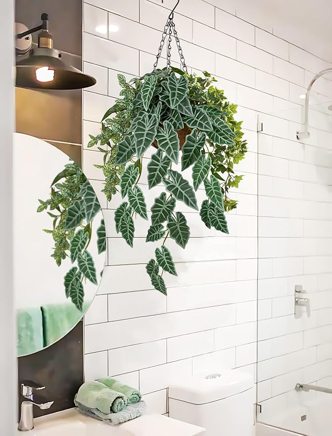 Fake Hanging Plant with Pot, Large Hanging Artificial Plants with Basket & Hanger Faux Greenery Plants Indoor Outdoor Decor Fake Alocasia Longiloba Plant in Pot for Wall Balcony Patio Office Bathroom