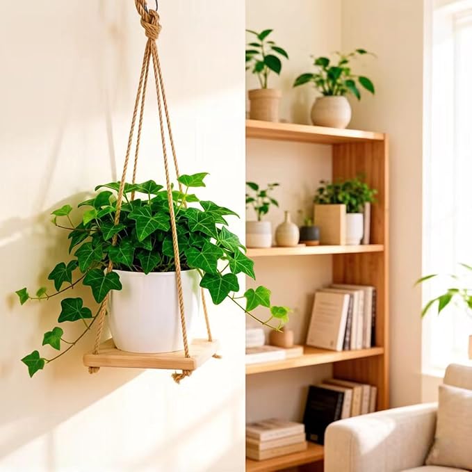 Hanging Plant Hanger for Small Flower Pots with Wood Base & Rope, Hanging Wood Plant Holder for Indoor Plants, Wall Ceiling Plants Hanger for Window Patio Deck Porch Living Room 1 Pack（Pot not included）