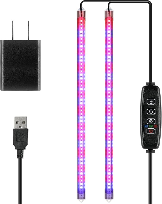 iPower 20W LED Grow Lights with Full Spectrum Plant Growing Light Strips for Indoor Plant with Auto ON/Off 3/9/12H Timer, 10 Dimmable Levels 48 LEDs Per Tude, 2 Tubes, Red&Blue
