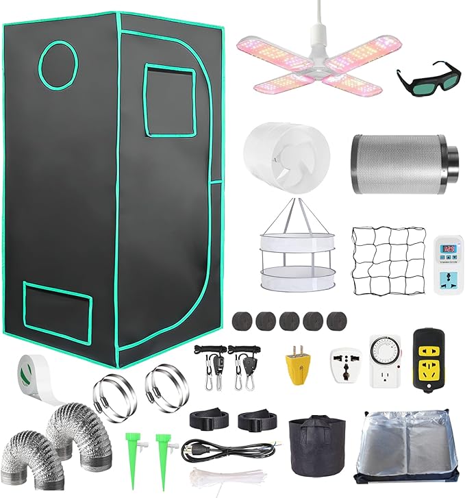 Grow Tent Kit Complete System High Reflective Mylar Indoor Grow Tent Hydroponics Growing Tent with Full Spectrum LED Grow Light Observation Window, Ventilation Fan,Carbon Filter (48"x24"x80")