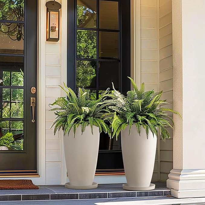 LA Jolie Muse Tall White Planters Set of 2,20 Inch Indoor/Outdoor Round Planters with Shelf Inset,Modern Large Planters with Drainage Holes for Front Door,Balcony and Patio Deck