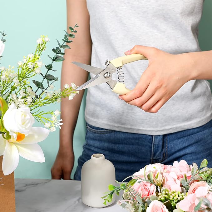 Therwen 12 Pcs Garden Shears Flower Scissors Pruning Shears Floral Garden Clippers Hand Pruners Branch Cutter Gardening Tools for Plants Cutting, Trimming, Fruits Picking (Beige,Bypass, Straight)