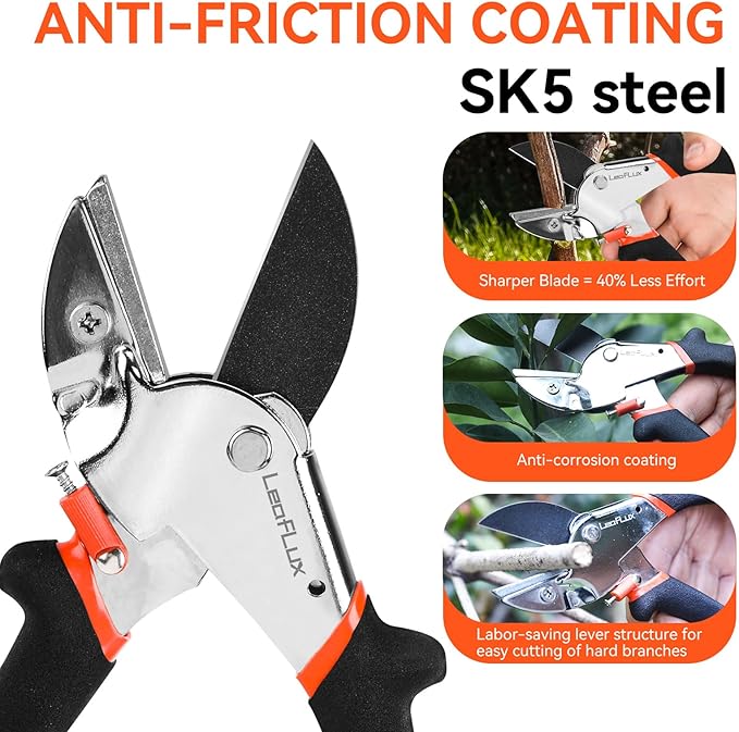 LeafLux 8" Professional Heavy Duty Anvil Pruning Shears with Anti-Rust SK-5 Blades, Garden Shears for Dry Stems and Small Branches, Gardening Scissors, Clippers for Wood, Non-Slip Handle. | LFXP1108S