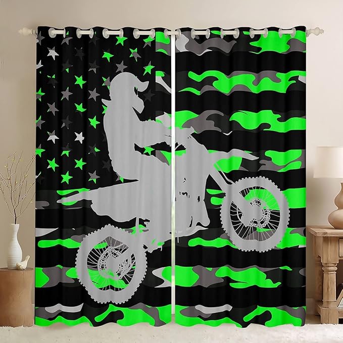 Feelyou Fluorescent Green Camo Curtains Bedroom Living Room Dirt Bike Darkening Drapes Boys Extreme Sports Blackout Curtains Camouflage Racing Motocross Rider Window Treatments, 2 Panels 52 x 63 Inch