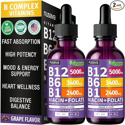 (2 Pack) Vitamin B12 and B6 Liquid Drops, B12 Sublingual Vitamin B Complex - B 12 Vitamin 5000mcg - B12 Methylcobalamin for Energy, Brain, Heart Support with 27,200 mcg, Grape Flavor, 80 Servings